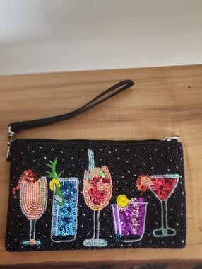 Beaded Cocktail Clutch Wristlet in Black with Colorful Sequin Drinks